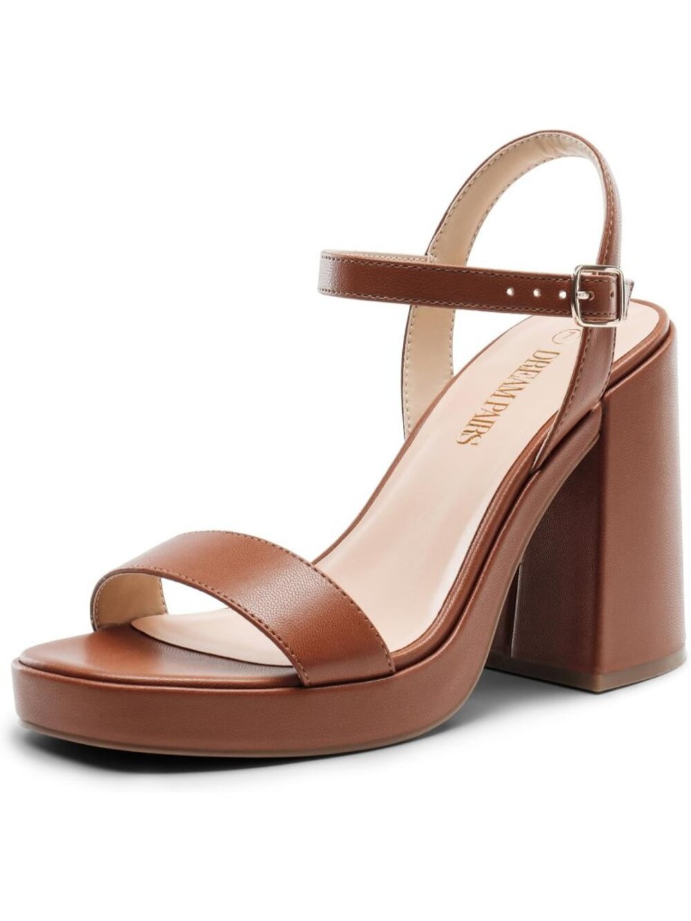 Women's Tan Faux Leather Chunky Block Heel Comfortable Sandal Party Prom Heels